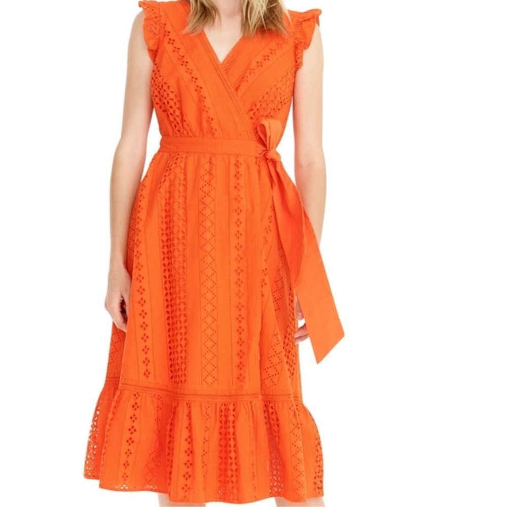 J. Crew NWT Allover Eyelet Wrap Dress Orange MSRP $138 style L2554 size 2